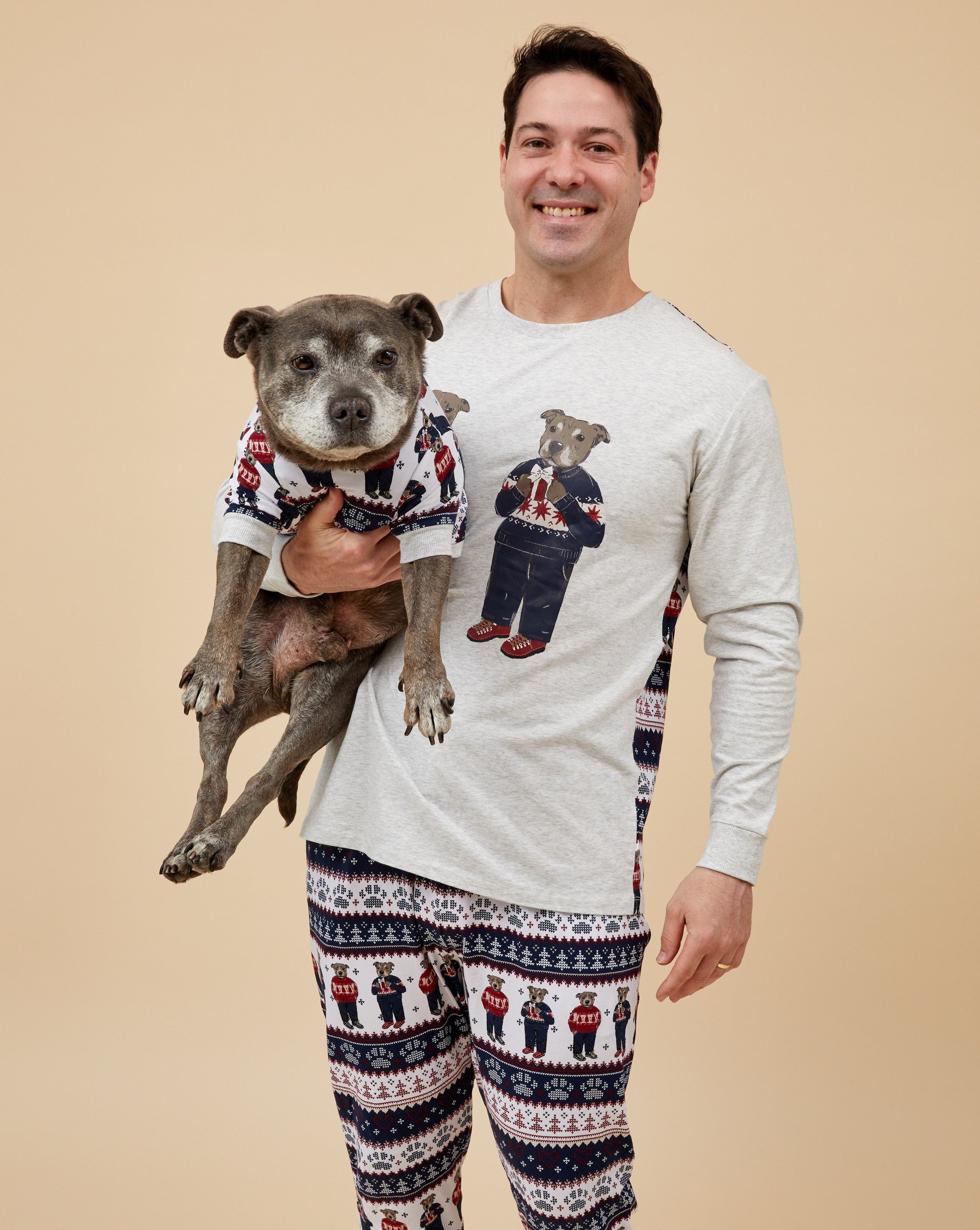 Darren and Phillip match your dog Christmas pyjamas.