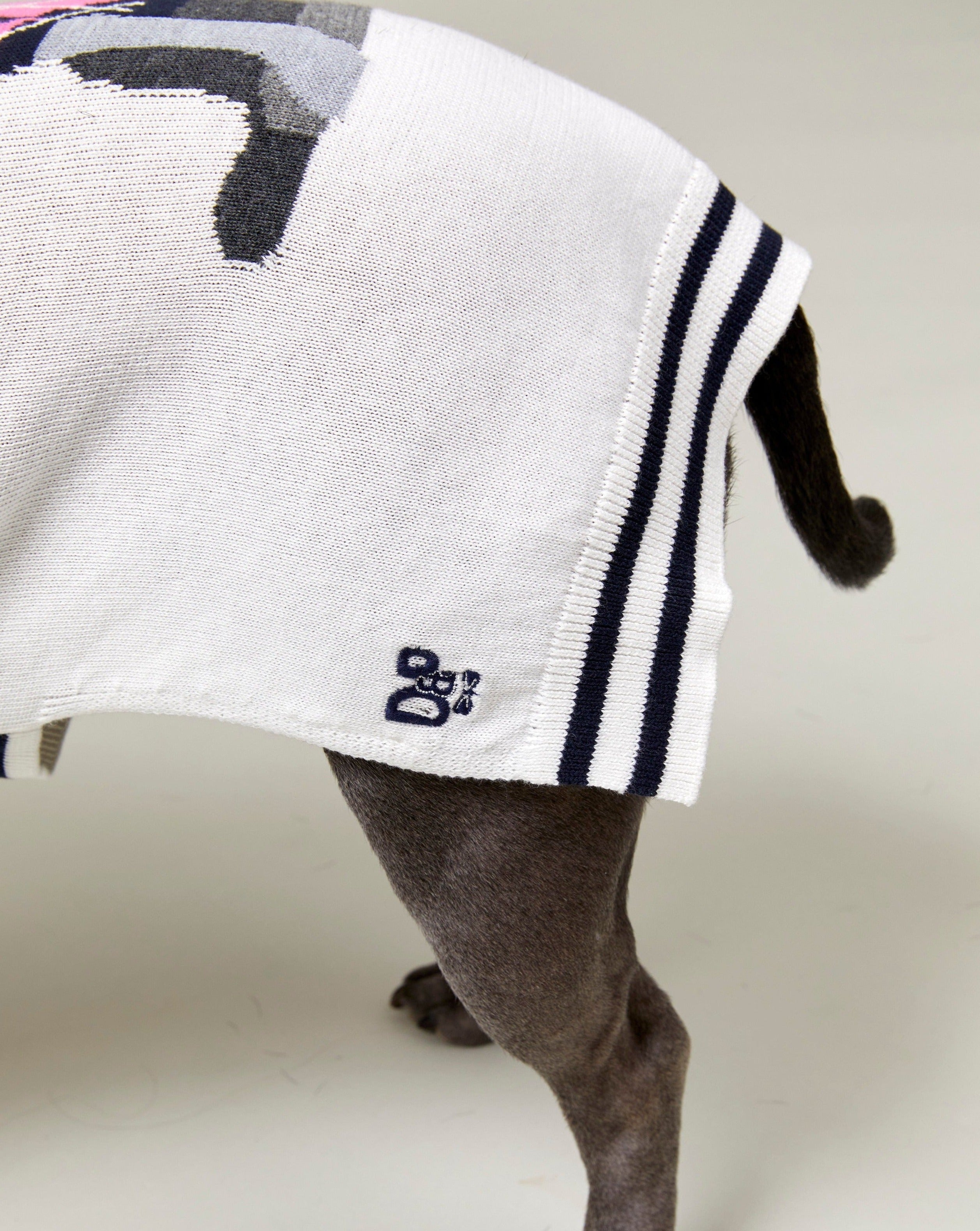 Logo detail on the Darren and Phillip dog jumper.