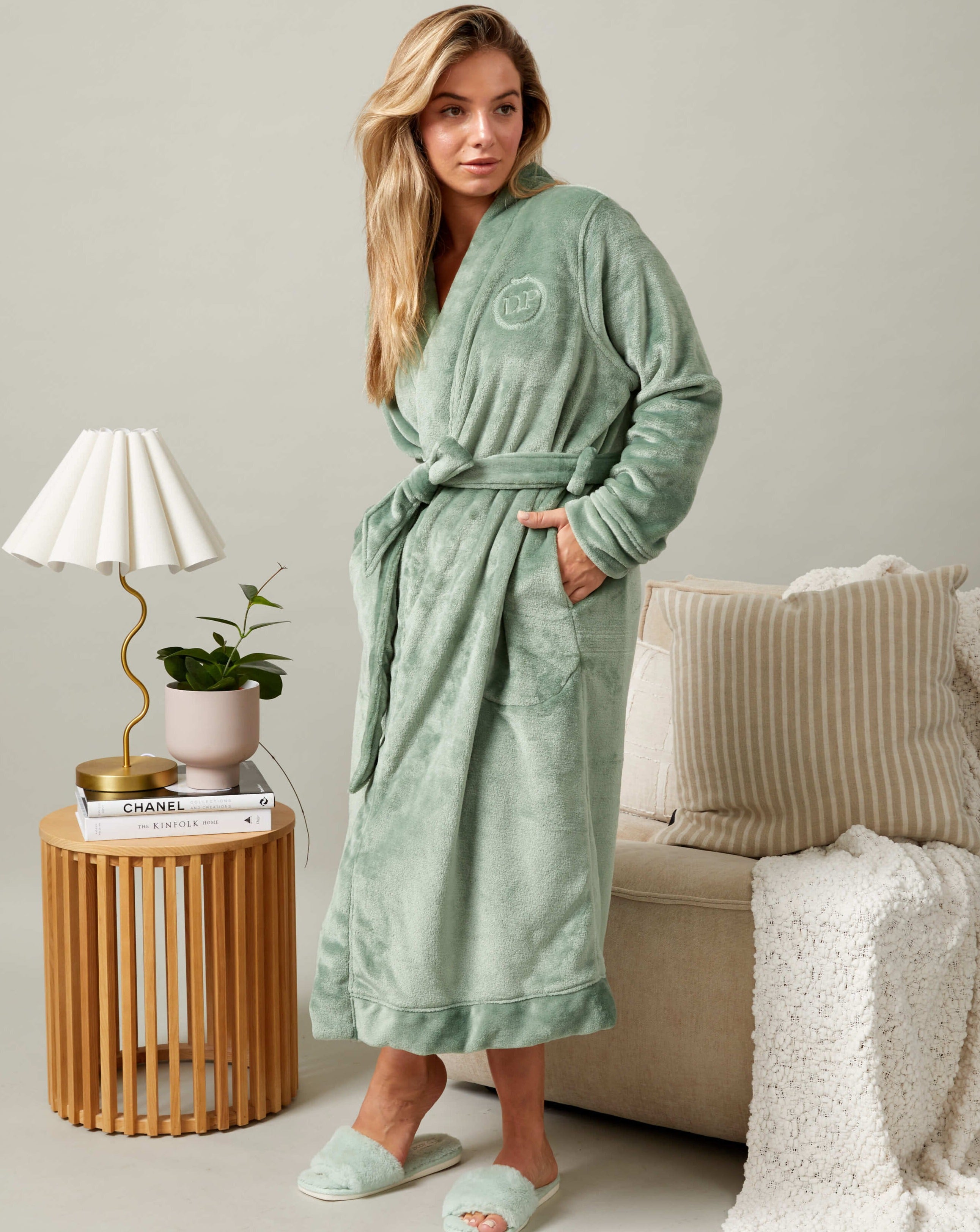 The Darren and Phillip matching human and dog luxe fluffy robe in green.