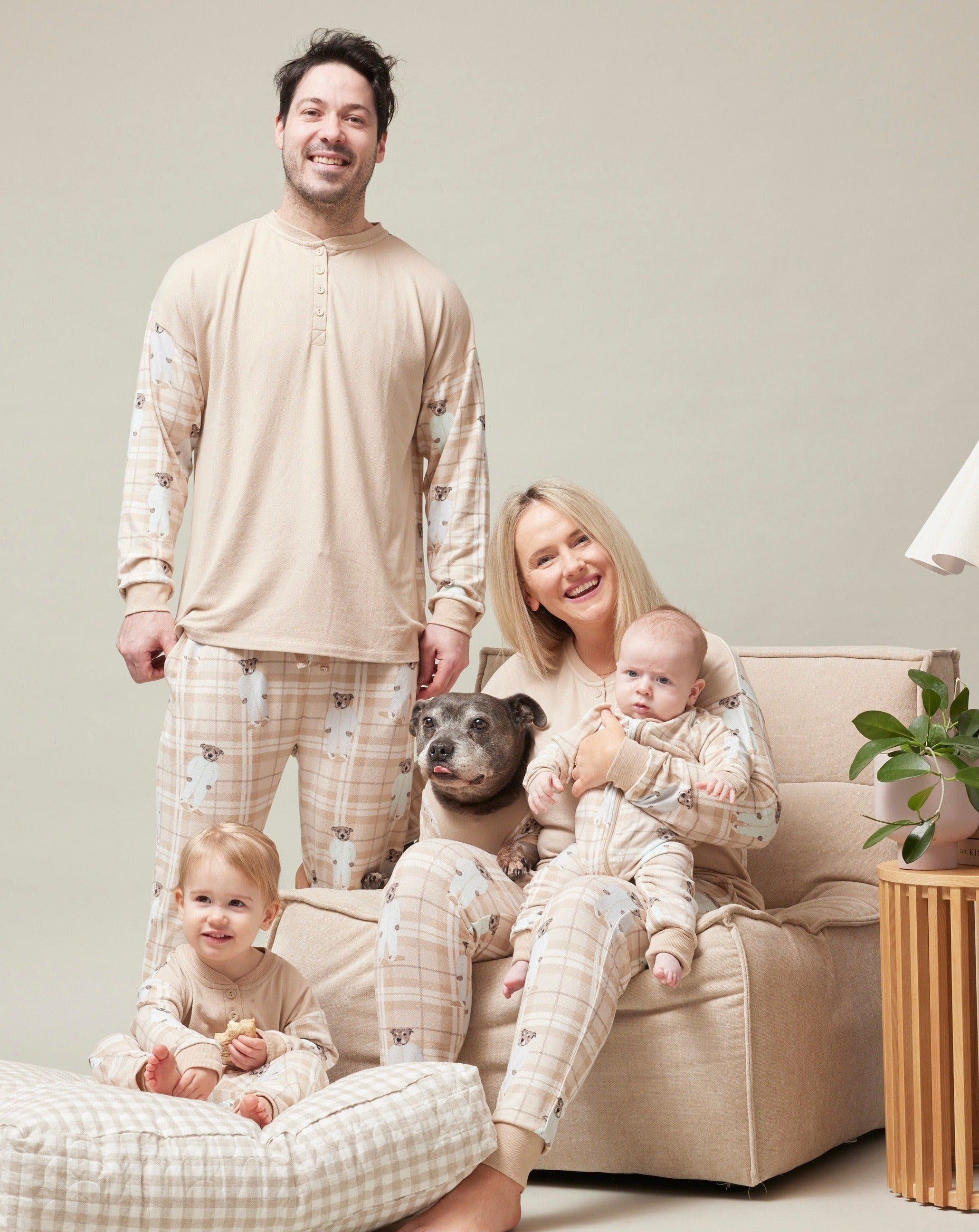 Darren and Phillip matching family pyjamas.