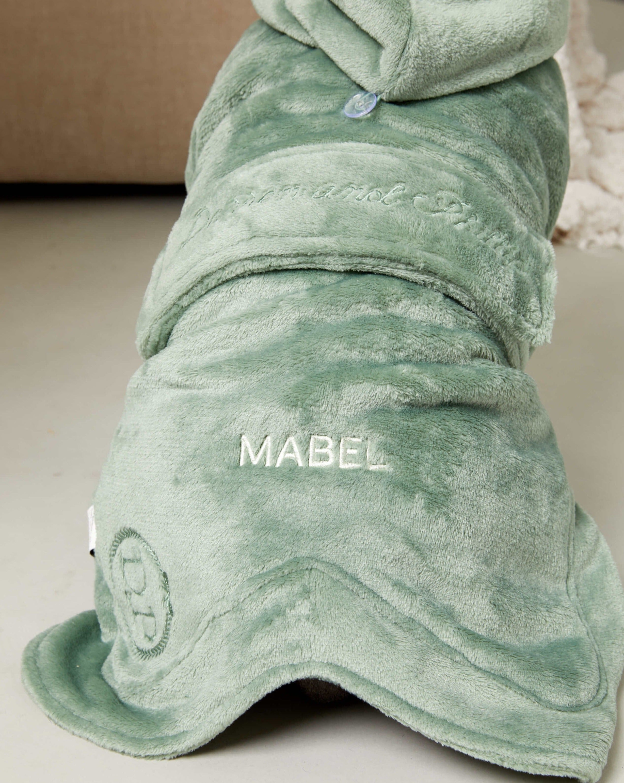A personalised green dog robe from Darren and Phillip.